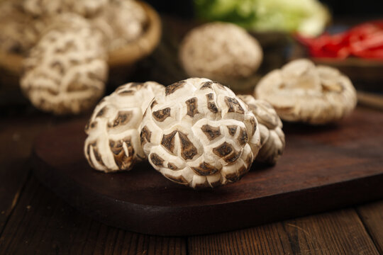 Fresh Shiitake Mushrooms with Crosshatch Cuts on Wood Board Changbaishan Northeast Healthy Produce