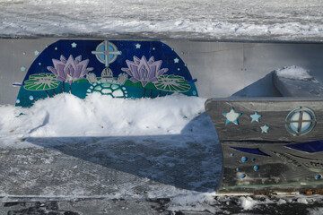 Fototapeta premium detail of Spirit Canoe, designed by Tannis Nielsen, at Spirit Garden at Nathan Phillips Square, City Hall, Toronto