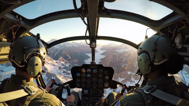 Two people in a helicopter cockpit flying over mountains. Pilot and copilot observing snowy peaks at sunset for aviation concept.
