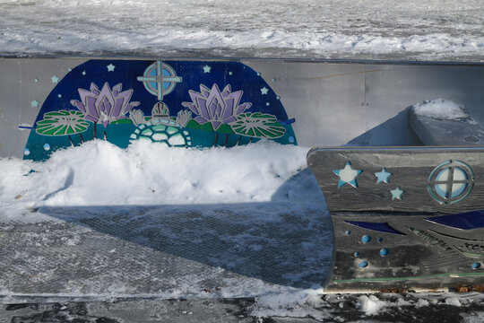 detail of Spirit Canoe, designed by Tannis Nielsen, at Spirit Garden at Nathan Phillips Square, City Hall, Toronto