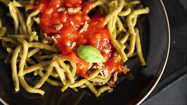 Green string beans tomato sauce main course natural food appetizer tasty snack fresh gourmet food background on the table rustic food top view copy space keto and paleo diet vegetarian and vegan food