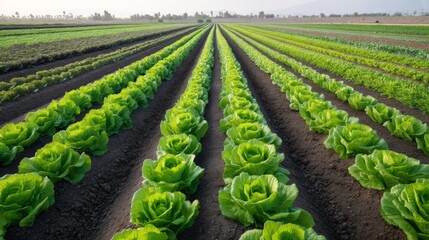 Fototapeta premium Lush Green Vegetable Field with Rows of Fresh Lettuce Growing Under Clear Sky and Vibrant Landscape in Early Morning Light