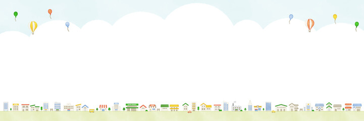 水彩風　かわいい街並みの背景イラスト素材　横長　コピースペース