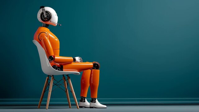 Orange robotic figure with headphones sits on a modern chair against a blue wall, showcasing a side view of its mechanical design and posture in a minimalist setting