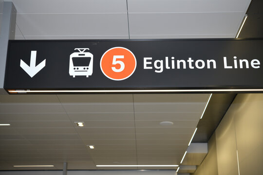 suspended sign, Line 5, Eglinton Line station, Toronto
