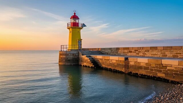 Yellow Lighthouse on Stone Pier at Sunrise Coastal Landmark.