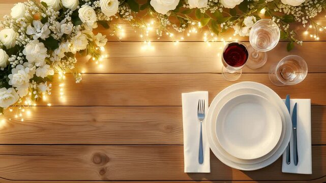 Festive table setting featuring white flowers, string lights, and elegant tableware on a wooden table