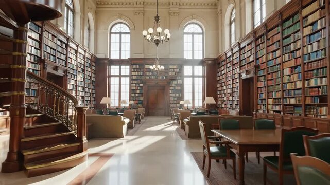 Grand library interior with two-story spiral staircase, reading tables, natural light, and book-filled shelves for study and research
