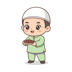 Obraz premium Adorable cartoon Muslim boy in traditional attire performing a heartfelt prayer gesture, ideal for illustrating religious practices during Ramadan or Eid celebrations with spiritual serenity