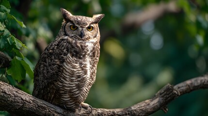 Obraz premium Great Horned Owl Perched on a Tree Branch in a Forest.