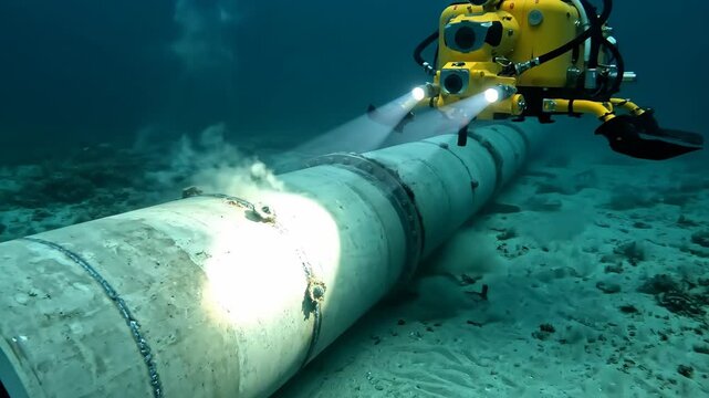 Yellow submersible inspecting an underwater pipeline for maintenance and repair on the ocean floor