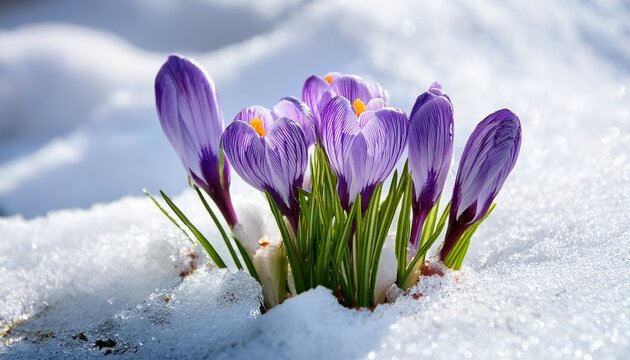 crocus flowers blooming in melted snow