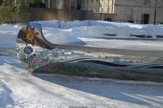 close-up of Spirit Canoe by Tannis Nielsen at Spirit Garden at Nathan Phillips Square, City Hall, Toronto