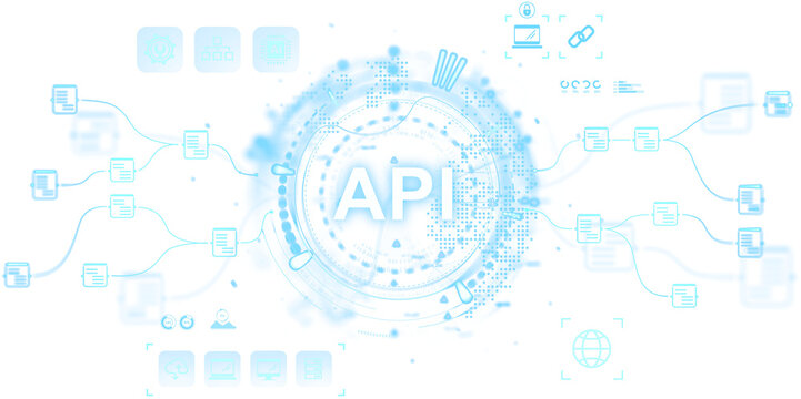 Digital illustration of API integration with data nodes and tech icons in abstract blue style on white background, representing software development concept