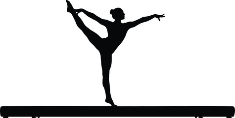 Black silhouette of a female gymnast performing a graceful balance pose on a beam isolated on white background vector