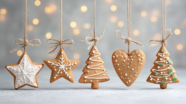 Festive gingerbread cookies hanging with twine against bokeh background for holiday decoration