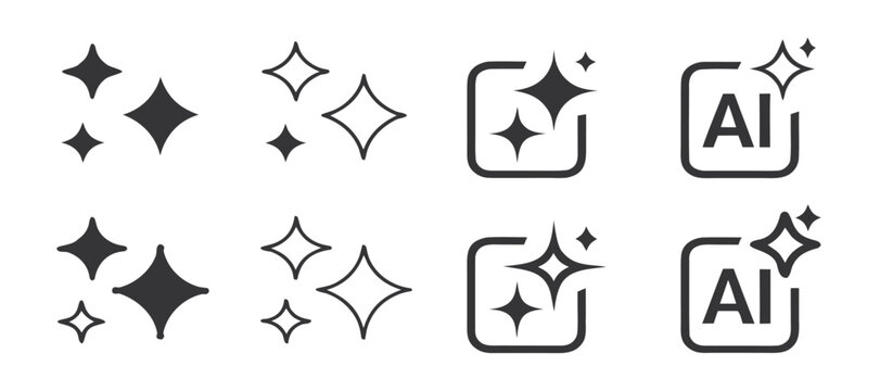 Set of generated AI icons. AI star symbol with a pointed and rounded tip. AI logotype. Artificial intelligence concept. Icon element for app and web. Vector illustration.