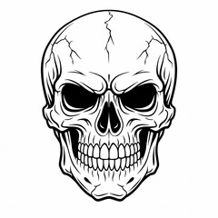 Fototapeta premium Bold monochrome skull illustration with deep eye sockets, sharp teeth, and cracked bone texture, perfect for edgy designs, tattoos, logos, and alternative fashion graphics.