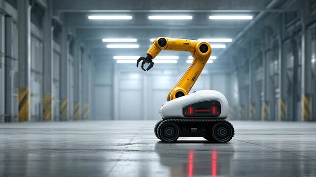 Robotic arm with yellow claw moves on a wheeled base inside a spacious industrial warehouse, illuminated by bright overhead lights, showcasing advanced automation technology in action