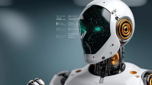 Futuristic humanoid robot with glowing blue eyes and intricate mechanical details interacts with holographic interface, showcasing advanced technology in a modern, minimalistic environment