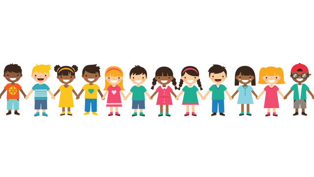 Group of diverse children from different ethnic backgrounds holding hands and standing in a long line to demonstrate global friendship and unity for kids.