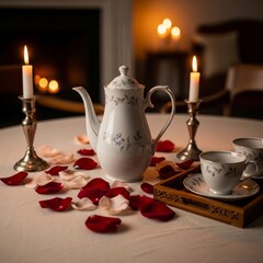 Fototapeta premium Romantic tea setup with rose petals and candles on elegant table