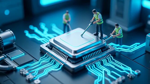 Miniature engineers assembling advanced microchip processor on futuristic circuit board, representing semiconductor innovation, AI hardware, and high-tech manufacturing.
