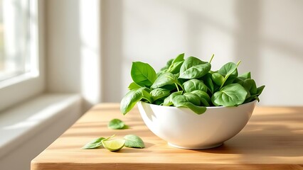 Fresh Green Spinach in a Bowl on a Sunlit Kitchen Counter