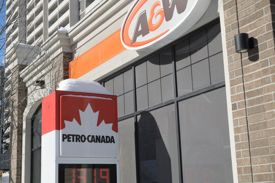 Petro-Canada gas station and A&W fast food restaurant signs at 505 Jarvis St, Toronto