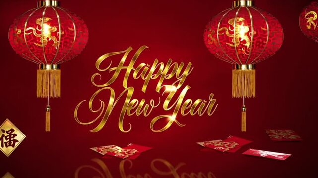 Animation of new year greetings text and chinese traditional decorations on red background
