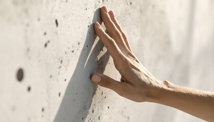 Close up of fingers gliding over a grey stone surface showing the contrast between soft skin and hard industrial material with shadows