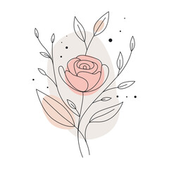 Minimalist Line Drawing Rose Flower with Leaves and Abstract Shapes Illustration