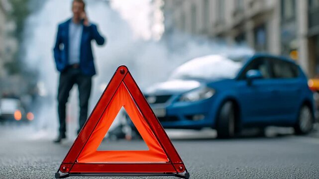 Man in blue suit talks on phone near smoking car with visible hazard warning triangle on road, indicating vehicle trouble in urban environment with blurred background
