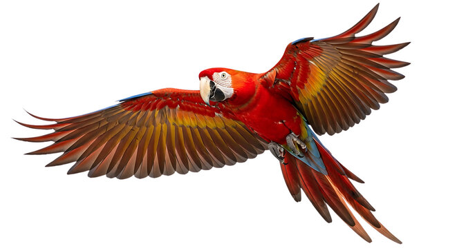 Scarlet Macaw Parrot Perched on Branch Isolated on White Background &ndash; Vibrant Tropical Bird