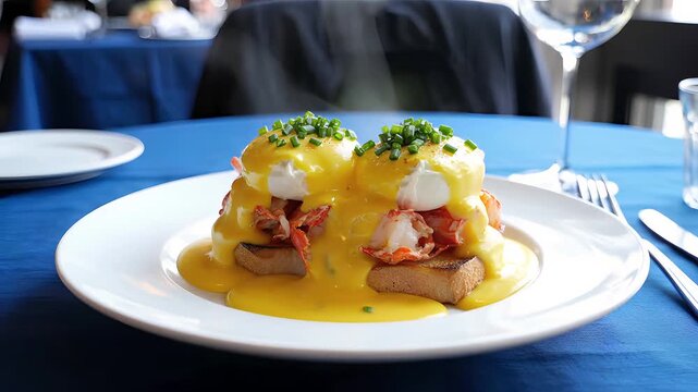 Luxurious lobster eggs benedict with hollandaise sauce on toasted bread