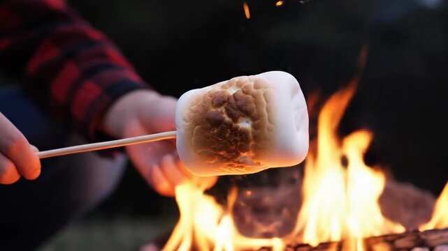 Close-up of a marshmallow roasting over a campfire at night. Person cooking a sweet treat on a stick. Camping and outdoor lifestyle concept