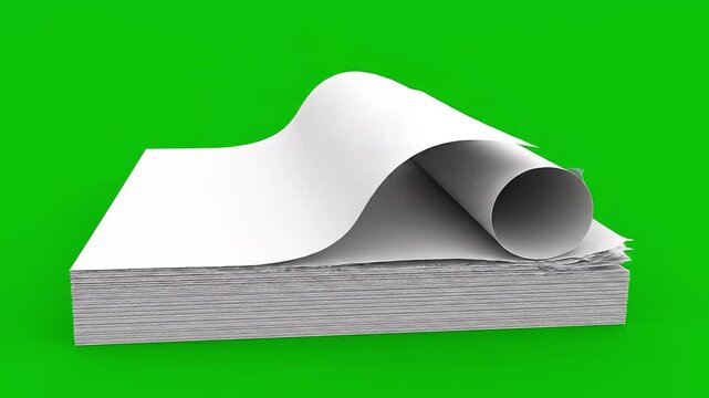 Rolled white paper sheet on a flat stack against green background