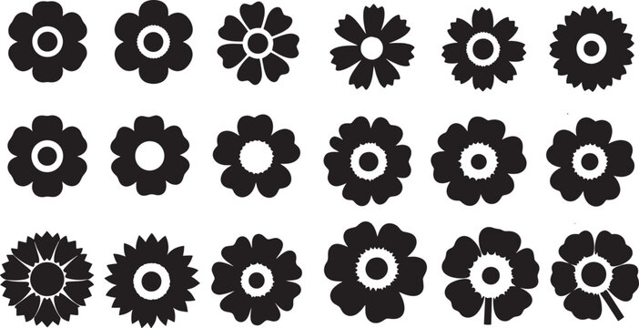 Set of black and white simple stylized flower icons in various designs and shapes, perfect for decorative use