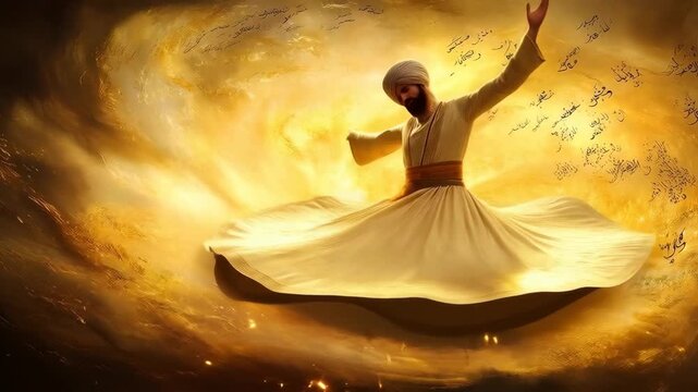 A stylized Sufi dervish dancing in the wind, deep spiritual connection concept