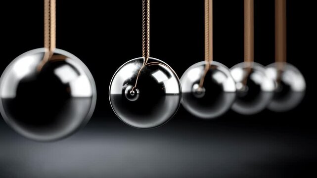 Pendulum balls in motion show sequential swinging action, with reflections and shadows creating a dynamic visual effect against a dark background, illustrating principles of physics and momentum