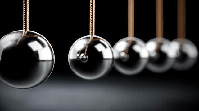 Pendulum balls in motion, swinging back and forth in a sequence, showcasing the kinetic energy transfer and the continuous action of the pendulum system against a dark background