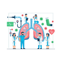 Obraz premium Medical Team Around Lungs: Doctors, Inhaler, Virus, Heartbeat, Syringe