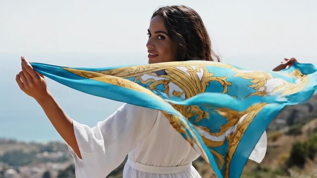 Young woman holding a silk scarf in the wind on a sunny coast. Fashionable female model posing with blue and gold accessory near the ocean. Summer travel concept