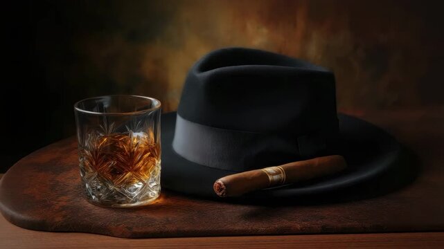 Black Hat, Whiskey Glass, and Smoking Cigar on a Rustic Wooden Table
