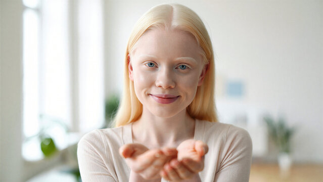 Albino woman with gentle smile making Give To Gain gesture, open palms forward, mutual exchange, reciprocity, natural light, soft focus, human connection, empathy, minimalist background, harmony