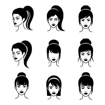 Vector illustration of woman face icons, various hairstyles and expressions, black and white, for graphic design or website isolated PNG with Transparent Background