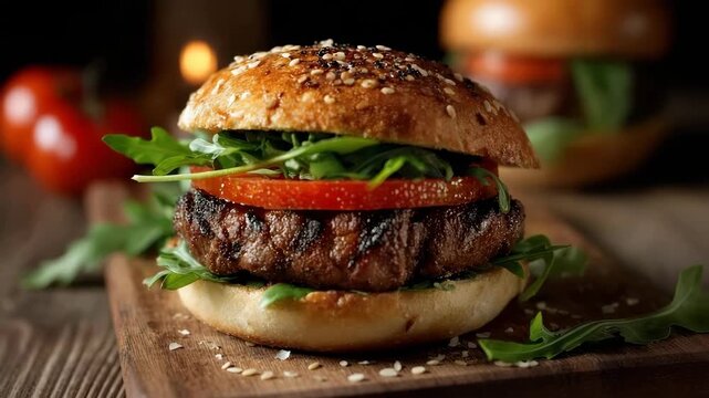Close-up of a juicy beef burger with arugula, tomato, and feta cheese