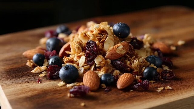 A close-up view of granola featuring almonds, blueberries, and cranberries. Healthy breakfast