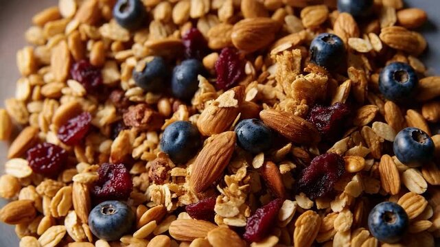 A close-up view of granola featuring almonds, blueberries, and cranberries. Healthy breakfast