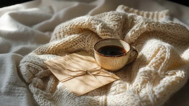 A cozy still life featuring a cup of coffee and a twine-tied envelope on a knit blanket